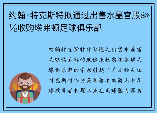 约翰·特克斯特拟通过出售水晶宫股份收购埃弗顿足球俱乐部